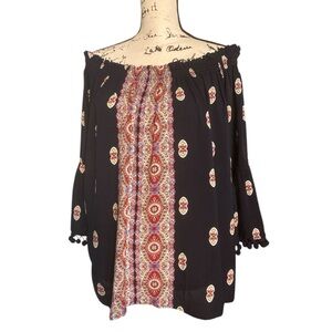 Gypsy core XL Off the Shoulder Blouse Flowy Bell Sleeves PomPoms Boho Resortwear